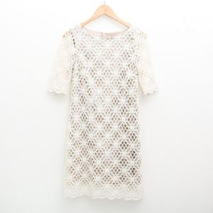 JAX crochet overlay over tan lining dress